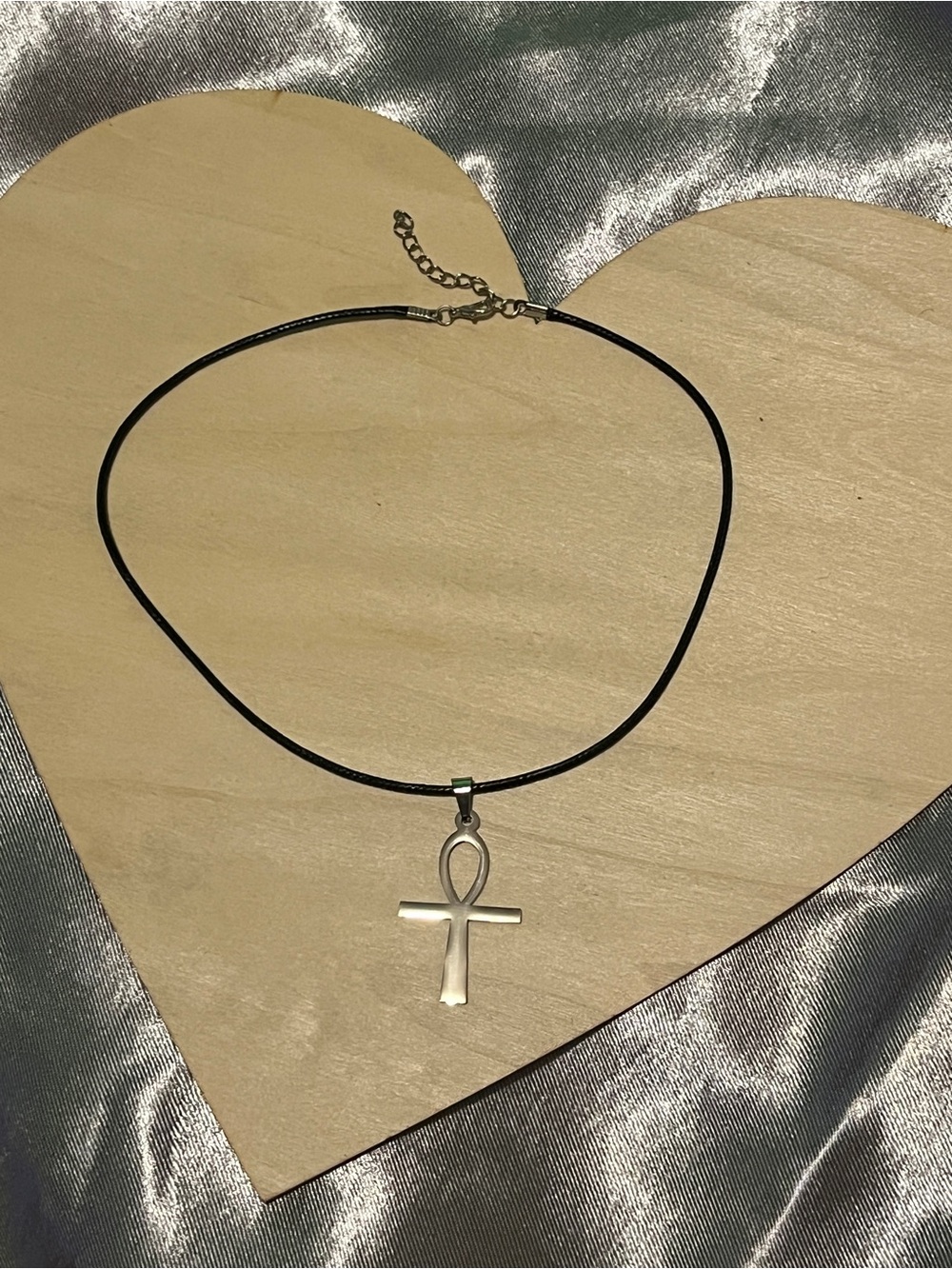 Silver Ankh Pendant on Black Cord Necklace